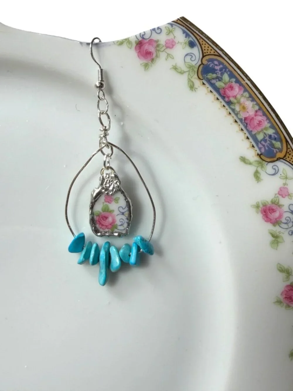 Bavaria Franklin 4177 Rose China Earrings - Genuine Turquoise Accents Handmade - Picture 3 of 7